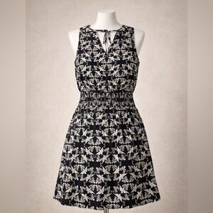 Sleeveless Black & Cream Floral Smocked-Waist Dress